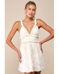 Lulus - Delightfully Precious Cream Mesh Embroidered Ruffled Mini Dress - Lyst