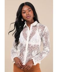 Lulus - Exquisite Nature Cream Sheer Embroidered Button-Up Top - Lyst