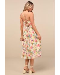 Lulus - Aleyna Abstract Pleated Lace-Up Bustier Midi Dress - Lyst