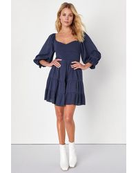 Lulus - Charming Afternoon Gingham Balloon Sleeve Mini Dress - Lyst