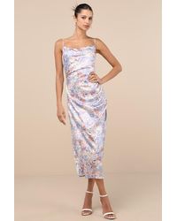 Lulus - Truest Romance Slate Floral Print Sleeveless Ruched Midi Dress - Lyst