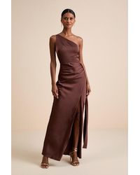 Lulus - Signature Elegance Chocolate Satin One-Shoulder Maxi Dress - Lyst