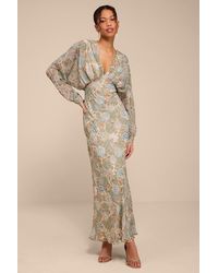 Lulus - Azalea Sage Multi Floral Long Sleeve Midi Dress - Lyst