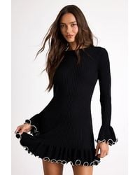 Lulus - Waverly Ribbed Ruffled Tie-Back Sweater Mini Dress - Lyst
