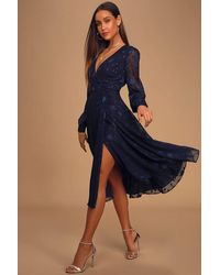 Lulus - Evening Of Elegance Floral Jacquard Wrap Midi Dress - Lyst