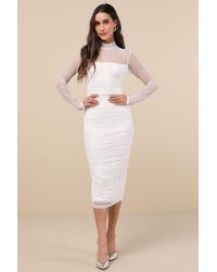 Lulus - Impressive Flirt Mesh Ruched Mock Neck Midi Dress - Lyst