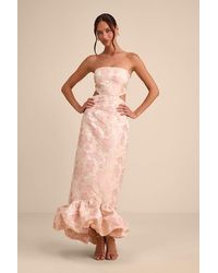 Lulus - Nathania Blush Floral Jacquard Strapless Bubble-Hem Maxi Dress - Lyst