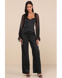 Lulus - Gracefully Modern Satin Mesh Long Sleeve Bustier Jumpsuit - Lyst