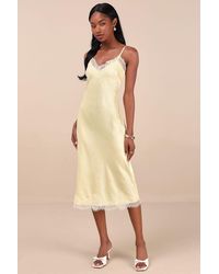 Lulus - Raenne Crinkle Satin Lace Midi Slip Dress - Lyst