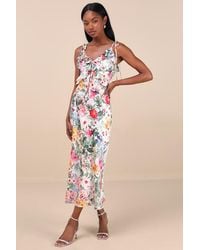 Lulus - Clelia Multi Floral Satin Ruffled Tie-Strap Midi Dress - Lyst