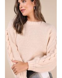 Lulus - Playful Comfort Cream Cable Knit Crew Neck Pullover Sweater - Lyst