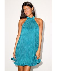 Lulus - Vaivah Satin Plisse Mock Neck Swing Mini Dress - Lyst