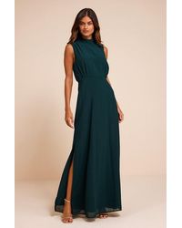 Lulus - Classic Elegance Emerald Chiffon Sleeveless Mock Neck Maxi Dress - Lyst