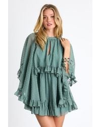 Lulus - Rhozie Sage Swiss Dot Cape Sleeve Tiered Mini Dress - Lyst