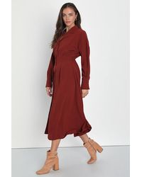 Lulus - Timeless Class Rust Collared Button-Up Pleated Midi Dress - Lyst