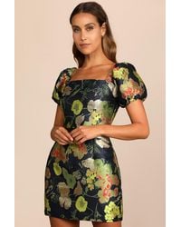 Lulus - So Stunning Floral Jacquard Puff Sleeve Mini Dress - Lyst