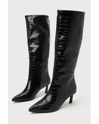 Steve Madden - Lavan Croc-Embossed Leather Kitten Heel Knee-High Boots - Lyst