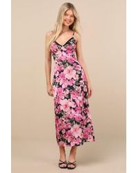 Lulus - Mattie And Floral Satin Lace Midi Slip Dress - Lyst