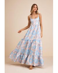 Lulus - Avalie Cream Floral Tiered Bustier Maxi Dress - Lyst