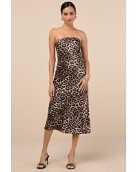 Lulus - Effortless Bliss Leopard Satin Strapless Cowl Back Midi Dress - Lyst