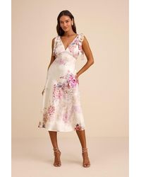 Lulus - Zoella Floral Satin Tie-Strap Midi Dress - Lyst