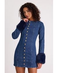 Show Me Your Mumu - Rockefeller Medium Wash Denim Faux Fur Mini Dress - Lyst