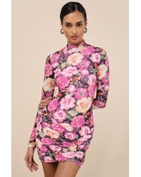 Lulus - Prettiest Energy Multi Floral Mesh Long Sleeve Mini Dress - Lyst