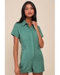 Lulus - Cuteness Awaits Linen Collared Short Sleeve Romper - Lyst