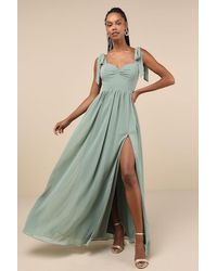 Lulus - Radiant Charisma Sage Brush Chiffon Ruched Tie-Strap Maxi Dress - Lyst