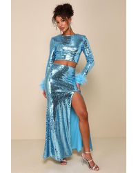 Lulus - Party Icon Sequin Feather Two-Piece Maxi Dress - Lyst