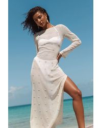 Lulus - Sunbeam Cream Crochet Sequin Maxi Swim Cover-Up - Lyst