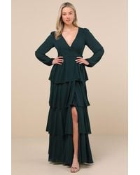 Lulus - Marvelous Grace Emerald Long Sleeve Tiered Wrap Maxi Dress - Lyst