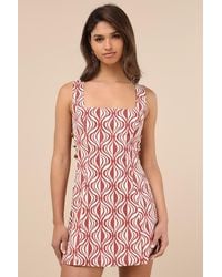 Lulus - Pollie Rust And Cream Print Beaded Linen Sleeveless Mini Dress - Lyst