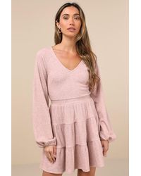 Lulus - Adorable Option Heather Blush Long Sleeve Mini Sweater Dress - Lyst