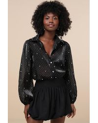 Lulus - Poised Glam Sheer Rhinestone Button-Up Top - Lyst