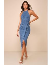 Lulus - Blissful Strolls Slate Crochet Faux-Wrap Halter Midi Dress - Lyst