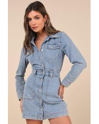 Lulus - Notoriously Cool Light Wash Long Sleeve Denim Mini Dress - Lyst