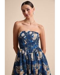 Lulus - Eulalia Floral Lace-Up Strapless Bustier Midi Dress - Lyst