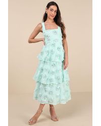Lulus - Exceptional Entrance Mint Sleeveless Tiered Rosette Midi Dress - Lyst