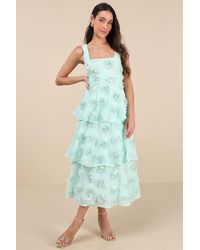 Lulus - Exceptional Entrance Mint Sleeveless Tiered Rosette Midi Dress - Lyst