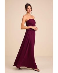 Lulus - Lauren Plum Pleated Strapless Ruffled Maxi Dress - Lyst