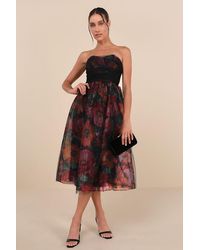 Lulus - Splendidly Yours Floral Organza Mesh Strapless Midi Dress - Lyst