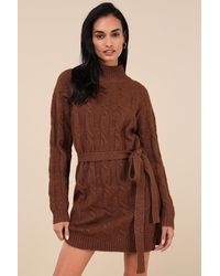 Lulus - Warmed Up To You Cable Knit Mock Neck Sweater Dress - Lyst
