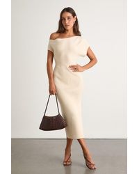 Lulus - Brady Cream Ribbed Off-The-Shoulder Sweater Midi Dress - Lyst