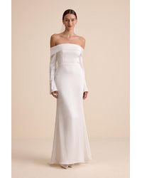 Lulus - Saintclair Satin Off-The-Shoulder Long Sleeve Maxi Dress - Lyst