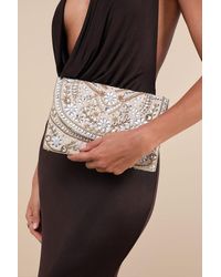 Lulus - Convincing Shine Taupe And Beaded Rhinestone Clutch - Lyst