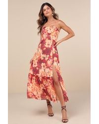Lulus - Bright Perspective Plum And Floral Strapless Midi Dress - Lyst
