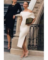 Lulus - Brady Cream Ribbed Off-The-Shoulder Sweater Midi Dress - Lyst