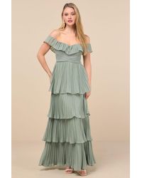 Lulus - Always Remarkable Sage Brush Pleated Off-The-Shoulder Maxi Dress - Lyst