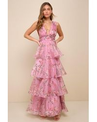 Lulus - Garden Radiance Floral Print Organza Tiered Maxi Dress - Lyst